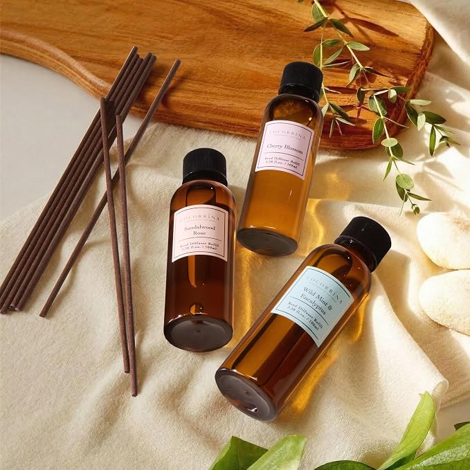 Reed Diffuser Refill Set, 10.2oz Scented Oil Refill 3 Pack, Sandalwood Rose, Cherry Blossom, Wild Mint & Eucalyptus, Long Lasting Oil Diffuser Refill with18 Sticks for Bathroom & Bedroom
