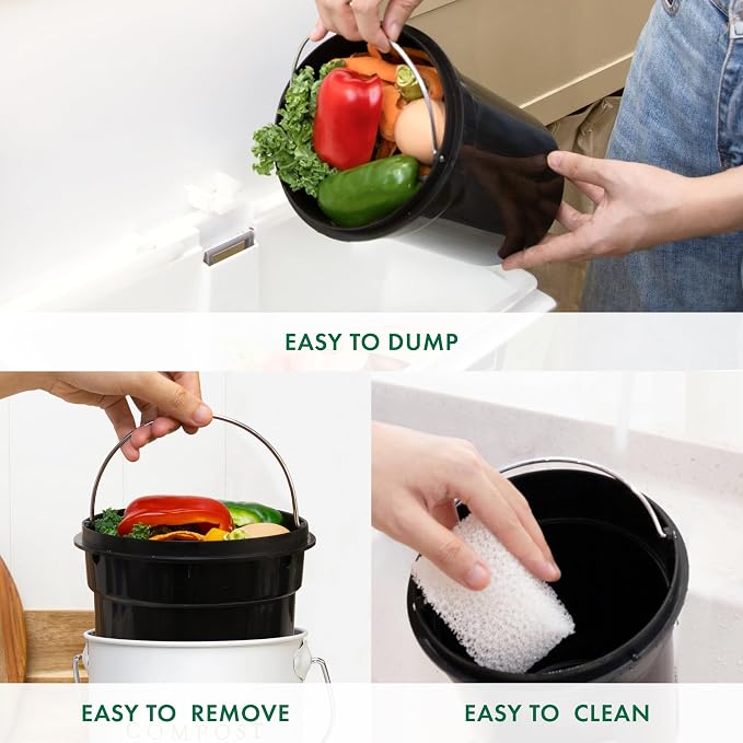 FINESSY Kitchen Compost Bin Countertop White, Indoor Composter 1.3 Gallon | Countertop Compost Bin with Lid Charcoal Filter (2) & Removable Inner Bucket. Dishwasher Safe Composting Bin.