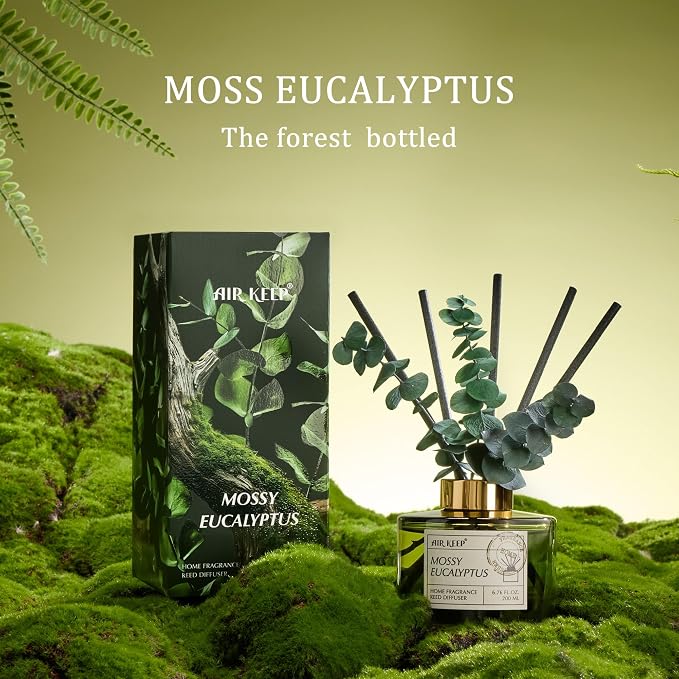 Reed Diffuser Set with 6.76 fl oz Moss Eucalyptus Scent Essential Oils and 3 Leaves & 8 Diffuser Sticks,Bathroom Shelf Decor & Air Freshener, House Bedroom Office Decor & Gifts