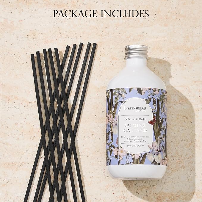 M&SENSE Reed Diffuser Set, Jasmine Garland, 17oz Natural Essential Oil | Non-Toxic Organic, Long-Lasting Fragrance, Ideal for Bathroom, Bedroom, Gifts for Women