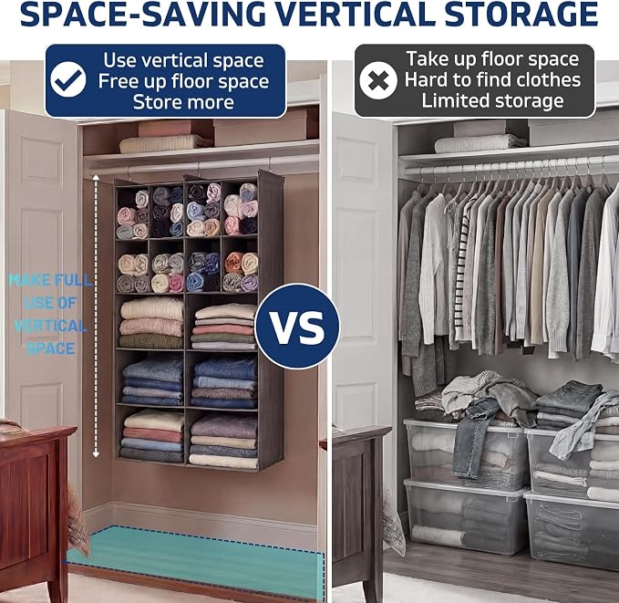 5 Tier Hanging Closet Organizer, 14 Compartments Dual Row Storage, Grey | Closet Organizers and Storage with Large & Small Pockets, 3 Sturdy Hooks Support Heavy Loads, Ideal for Dorm, Garment Rack
