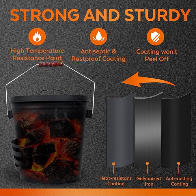 5.2 Gallon Ash Bucket with Lid and Shovel, Metal Fireplace Ash Bucket with Broom, Complete Fireplace Tools Set for Wood Stove and Fireplace