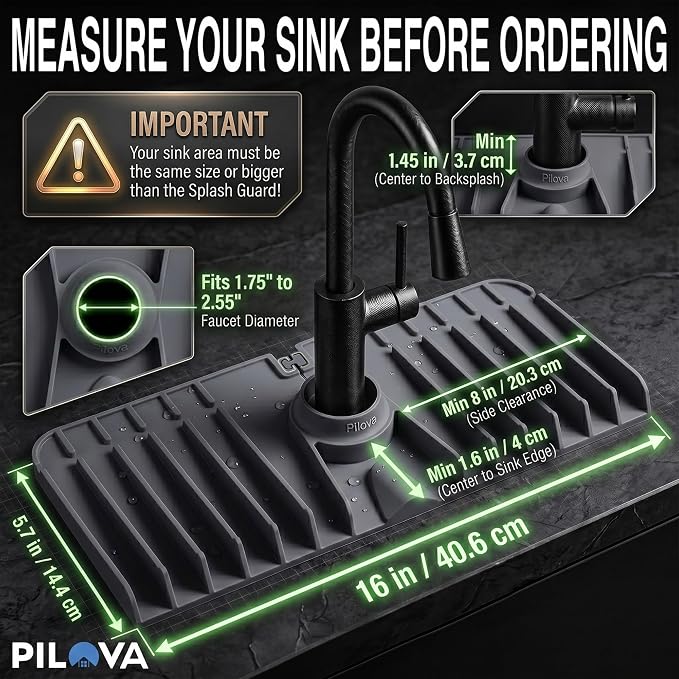 Premium Kitchen Sink Splash Guard – 16" x 5.7" Silicone Faucet Mat with Secure Pressure Clip, True 10° 3D Drainage(No Pooling), Anti-Lift Design, Flexible Leak-Sealing Ring, Non-Slip Fit Behind Faucet