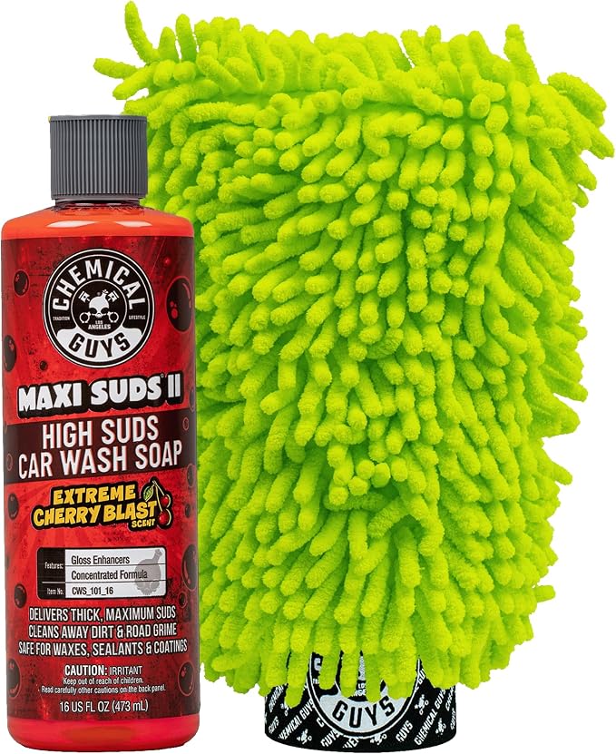 Chemical Guys, Maxi Suds II Soap & Chenille Mitt Bundle, Cherry, 16 fl oz | High-foam cherry soap with a plush chenille mitt for safe, scratch-free washing in cannons, guns or buckets