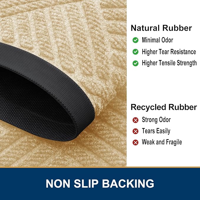 Smiry Front Door Mat Outside Entrance, Heavy Duty Outdoor Indoor Natural Rubber Doormat, Non Slip, Trap Dirt and Moisture, Easy Clean, Low Profile Patio Porch Entryway Mat, 59x23, Beige