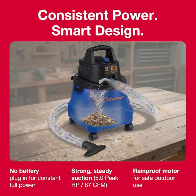 Koblenz WD-9 L212 Wet Dry Vacuum Cleaner, 9 Gallon, 5.0 PHP | 3-in-1 Suction & Blower, Big Vacuum Cleaners for Home, Heavy Duty Shop Vac, CLICK-N-LOCK Hose, Swivel Casters, Black/Blue