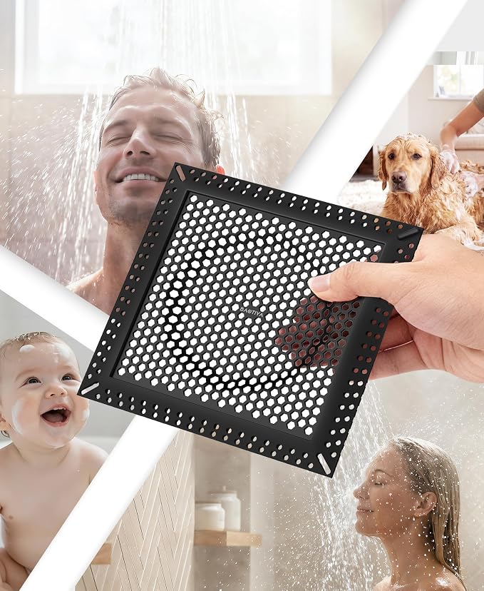 Square Shower Drain Hair Catcher, Flat Shower Drain Hair Catcher, Anti-Clogging Fast Drainage, Anti-Slip, Easy Clean Fits Bathroom Hair Catcher for Shower (Matte Black, 6 inch)