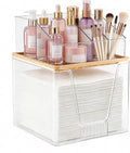 Disposable Facial Towel Holder, 2 Tier Cosmetic Storage Organizer Box | Clear box with Bamboo Lid Compatible with Clean Skin Club Towel XL, Skincare Organizer for Vanity Bathroom Countertop, 1 Pack
