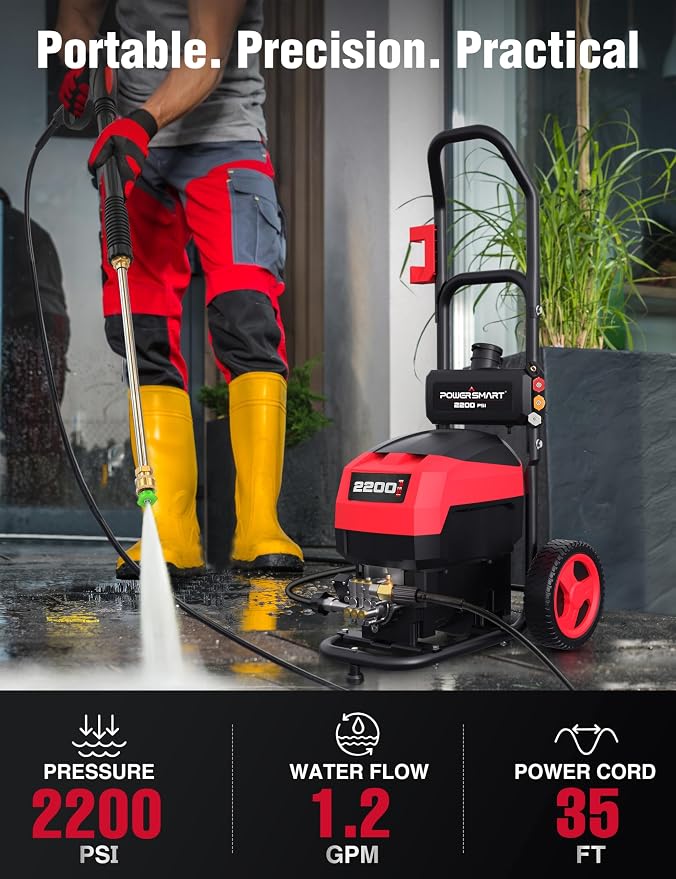 PowerSmart Electric Pressure Washer - 2200 PSI Max 1.2 GPM Power Washer with Wheels, Onboard Soap Tank, 5 Nozzles Set& Metal Wand - Professional High Pressure Cleaner for Cars, Driveways & Patios