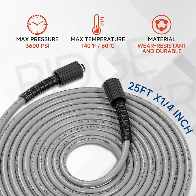 RIDGE WASHER Pressure Washer Hose 25FT, 1/4 Inch, M22 14 Fitting | 3600 PSI, Kink Resistant, Compatible with Most Pressure Washer Accessories