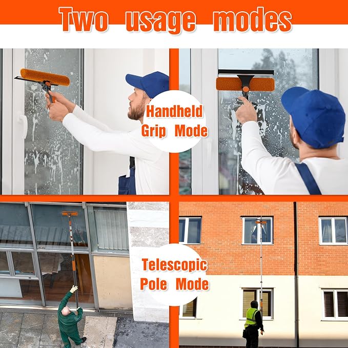 16FT Reach Window Squeegee Kit with Extension Pole, 2-in-1 Professional Washer for High Windows, 3-12FT Adjustable Reach, Rotatable Head for Indoor & Outdoor Use, Streak-Free Cleaning Tool for Home