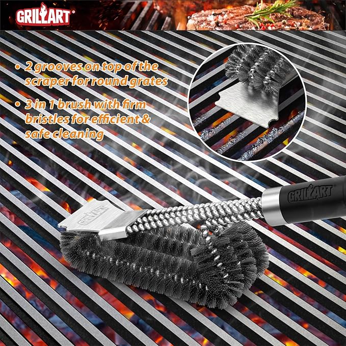 GRILLART Grill Brush and Scraper with Deluxe Handle, Safe Wire Grill Brush BBQ Cleaning Brush Grill Grate Cleaner for Grill/Smoker/Gas/Charcoal Grill Cleaning-Grill Gifts for Men/Dad, BR-8529