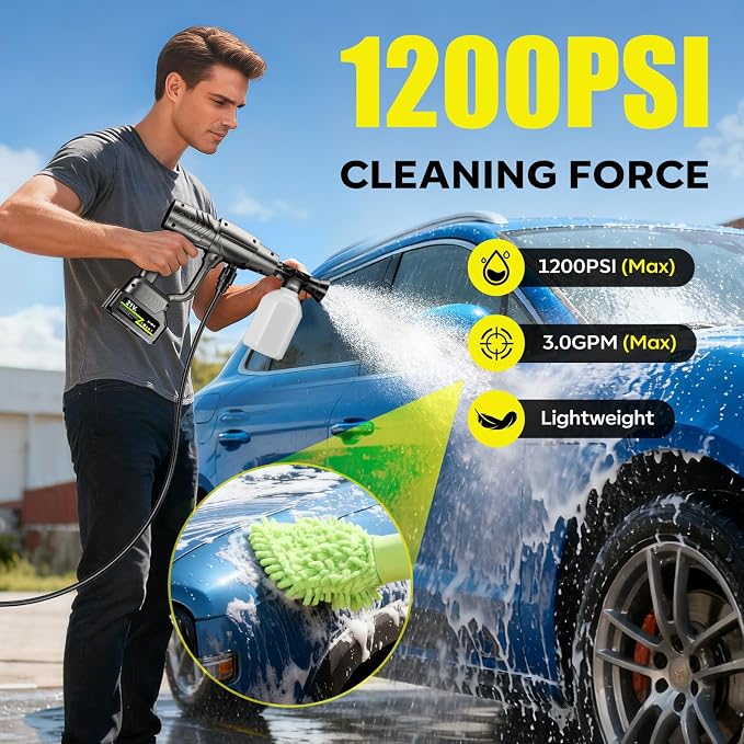 YKYI Cordless Pressure Washer - Battery Powered with 30 Speed Levels, Handheld Portable Sprayer with 6-in-1 Nozzle, 24FT High-Elastic Hose for Car, Garden, Patio Cleaning (Gray)