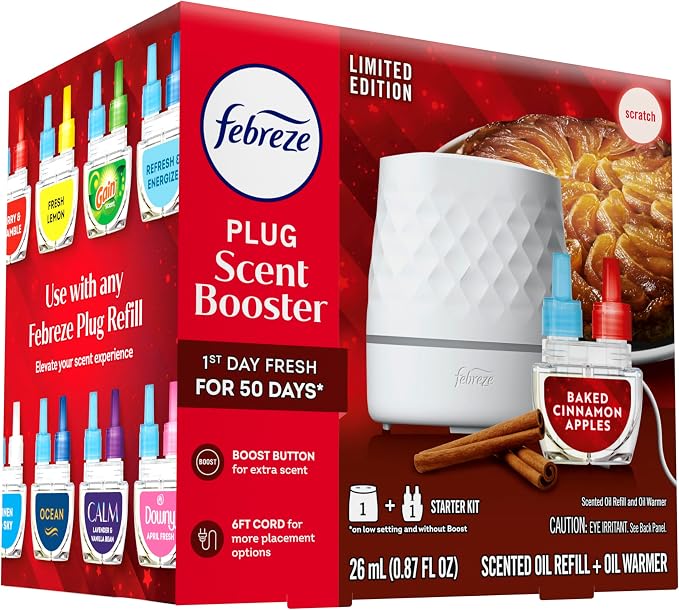 Febreze Plug Scent Booster Starter Kit, Oil Diffuser, Air Freshener Plug in, Continuous Scent, 2 Devices + 2 Baked Cinnamon Apple Refill
