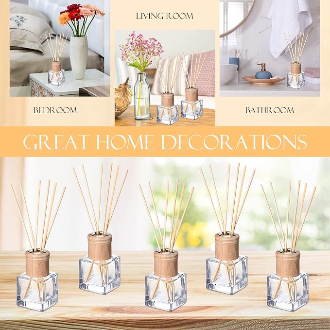 Roshtia 10 Set Reed Diffuser Bottles 50ml Glass Wooden Caps Rattan Sticks | Empty Refillable DIY Oils, Mini Square Jars Bulk, Ideal Home Office Aromatherapy Gifts, 1.7 Oz Fragrance Container