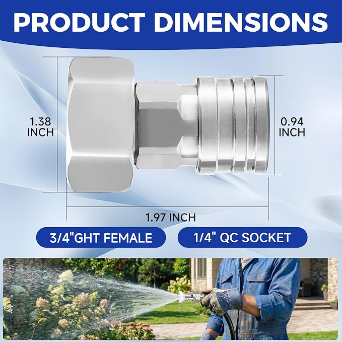 Tool Daily Garden Hose to Pressure Washer Adapter, 3/4" GHT to 1/4" Quick Connect, Convert Water Hoses to Power Washer Connector, Stainless Steel