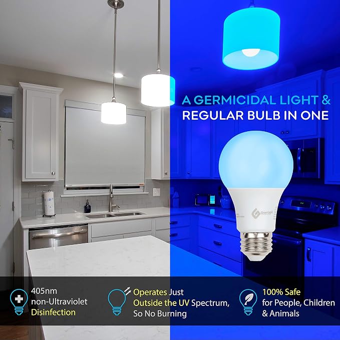 GLI Blue Light Germicidal Light Bulb – 100% Safe Non-UV - Switches from Sanitizer to Std 800 Lumens Bulb – Portable Disinfection, Screws into Any E26 Socket – Kills 99% Germs & Pathogens – Ozone Free