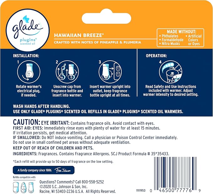 Glade PlugIns Refills Air Freshener, Scented and Essential Oils for Home and Bathroom, Hawaiian Breeze, 3.35 Fl Oz, 5 Count (Pack of 5)