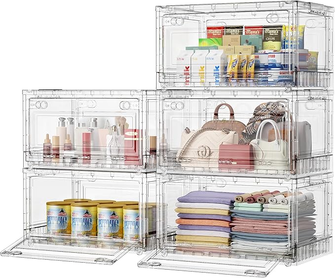 BROVIEW Clear Stackable Storage Bins Drawers, Open Front Large Plastic Storage Bins with Lids, Foldable Closet Organizers and Storage for Wardrobe Cabinets, Pantry, Makeup,5 Pack