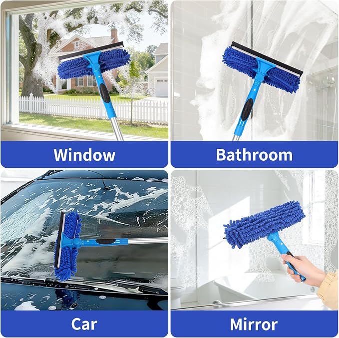 109" Window Cleaning Squeegee Kit, Professional 2 in 1 Squeegee Window Cleaner with Extension Pole, Window Washing Kit with 2 Blade 2 Pads for Indoor & Outdoor High Windows Car Glass
