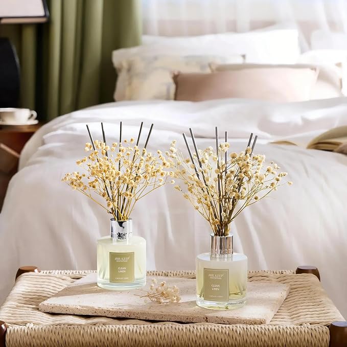 Reed Diffuser 3.38 oz (100ml) 2pk, Clean Linen Scented Reed Diffuser Set,Reed Diffuser & Oil Diffuser Sticks, Aromatherapy, Airkeep Reed Diffuser Set Box 2-Clean Linen