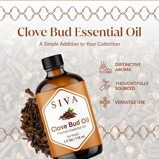 Siva Clove Bud Essential Oil, Glass Bottle with Dropper, 4 Fl Oz (118 ml) | Clove Bud Oil for Diffuser, Humidifier, Home Fragrance, Oral Care, Body Massage, Soap Making, Candle Making & DIY Projects