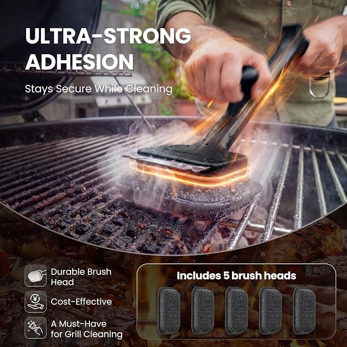 ThermoMaven BBQ Grill Brush Bristle Free - 17" Safe Steam Grill Cleaner Brush with Scraper and 5 Brush Heads for Porcelain/Gas/Charcoal Grill Outdoor Grill Barbecue Cleaner