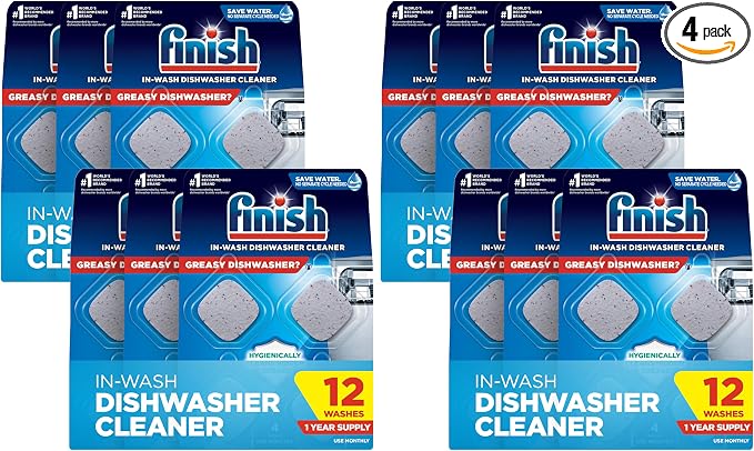 Finish Dishwasher Cleaner Tablets, Deep Cleans Hidden Grease & Grime, Fights Odors, No Extra Wash Cycle, Helps Maintain Dishwasher, 12 Month Supply, 12 Count (Pack of 4)