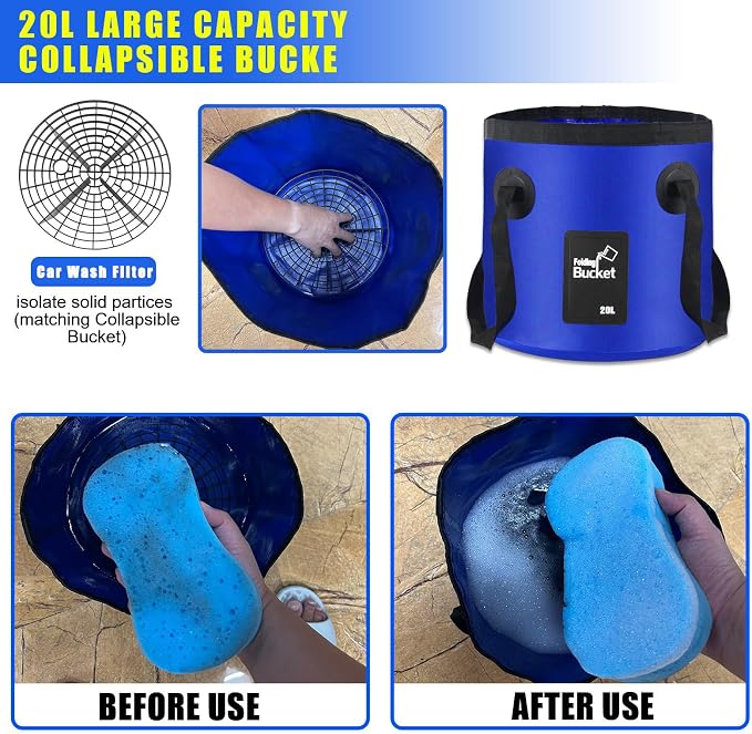 21Pcs Car Wash Kit,62" Car Wash Brush Mop with Long Handle,Car Cleaning Kit,Car Detailing Brush Set,Car Wash Bucket with Filter,Windshield Window Squeegee for Cars RV Truck Boat (Blue)
