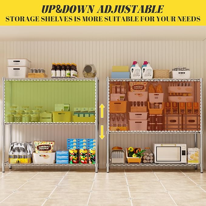 Storage Shelves, 2 PCS 48" L x 20" W x 47" H Heavy Duty Garage Wire Shelving Unit Loads 1200LBS, 3-Tier Adjustable Metal Industrial Utility Shelf Rack for Kitchen, Laundry Room, Basement