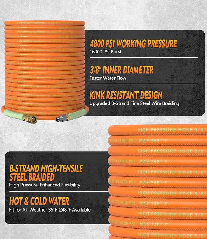 3/8" ID Pressure Washer Hose 200 ft, 4800 PSI Steel-Braided & Durable - Flexible & Kink-Resistant, Power Washer Hose with Swivel Quick Connect & M22-14mm Adapter, Hot/Cold Water Compatible