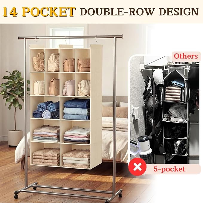 5 Tier Hanging Closet Organizer, 14 Compartments Dual Row Storage, Beige | Closet Organizers and Storage with Large & Small Pockets, 3 Sturdy Hooks Support Heavy Loads, Ideal for Dorm, Garment Rack
