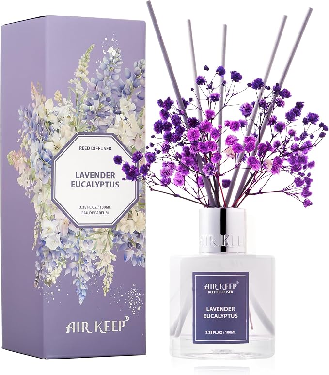 Reed Diffuser Set,3.38 fl oz (100 ml) - Lavender Eucalyptus Oil Diffusers with 8 Reed Sticks, Home Fragrance Reed Diffuser for Bathroom Shelf Decor