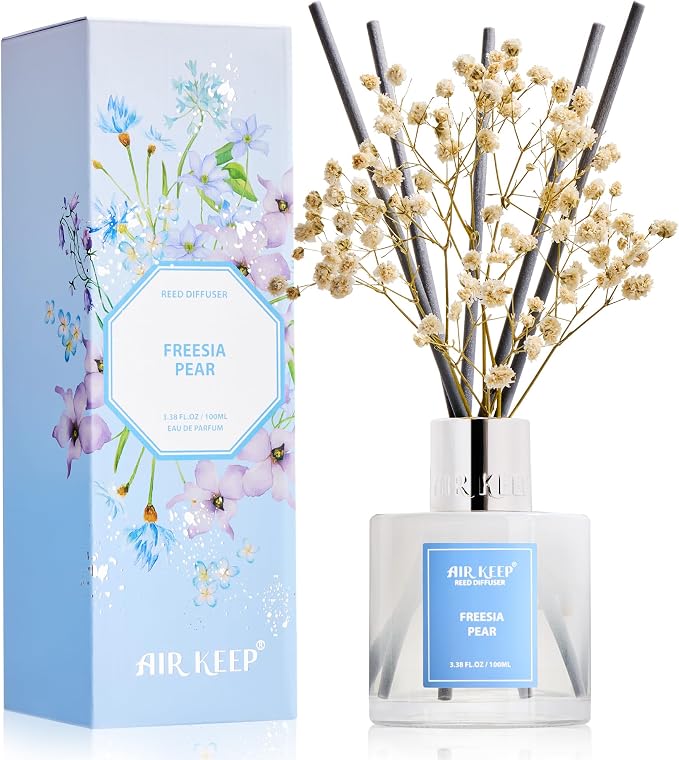 Reed Diffuser Set,3.38 fl oz (100 ml) - Freesia Pear Oil Diffusers with 8 Reed Sticks, Home Fragrance Reed Diffuser for Bathroom Shelf Decor