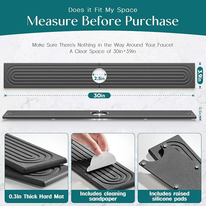 eormoe 30 inch Kitchen Faucet Absorbent Mat - Diatomaceous Earth Splash Guard for Sink Faucet, Aesthetic Water Absorbing Stone Tray in The Modern Home (30" x 3.9", Dark grey)