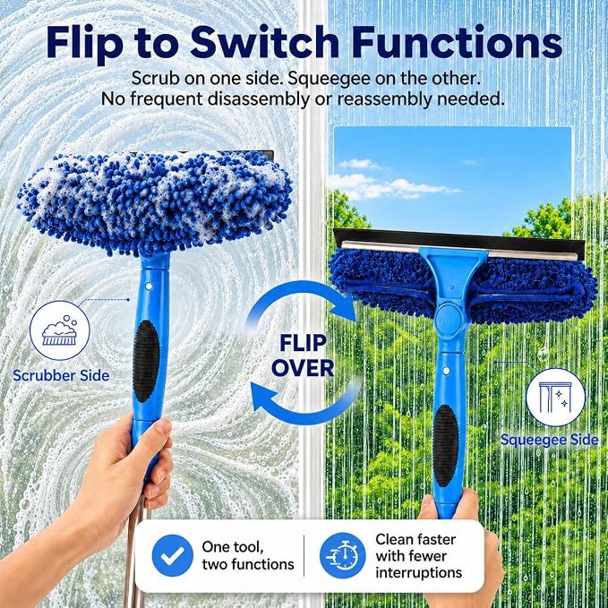 2-in-1 Window Cleaning Kit with Bucket, Extension Pole & Squeegee | 86-in pole, 3-gal bucket, reusable pads & rotating head for high windows, outdoor glass, mirrors, cars & solar panels