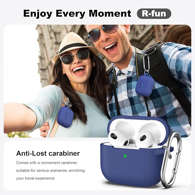 R-fun Compatible with AirPods 3 Case Cover, Silicone Protective Accessories Skin with Keychain Compatible with Apple AirPod 3rd Generation 2021 for Women Men Girls Boys,Front LED Visible,Royal Blue