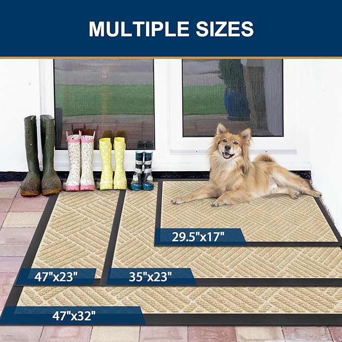 Smiry Front Door Mat Outside Entrance, Heavy Duty Outdoor Indoor Natural Rubber Doormat, Non Slip, Trap Dirt and Moisture, Easy Clean, Low Profile Patio Porch Entryway Mat, 71x47, Beige
