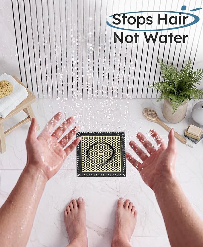 Square Shower Drain Hair Catcher, Flat Shower Drain Hair Catcher, Anti-Clogging Fast Drainage, Anti-Slip, Easy Clean Fits Bathroom Hair Catcher for Shower (Matte Black & Brushed Gold, 6 inch)