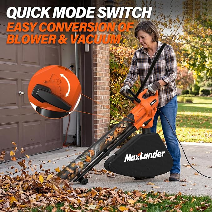 MAXLANDER 3 in 1 Electric Corded Leaf Blower, Leaf Vacuum and Leaf Mulcher | 460CFM 170MPH Powerful Leaf Vacuum with 34L Collection Bag, 10:1 Mulch Ratio, Corded Leaf Blowers for Lawn Yard Cleanup