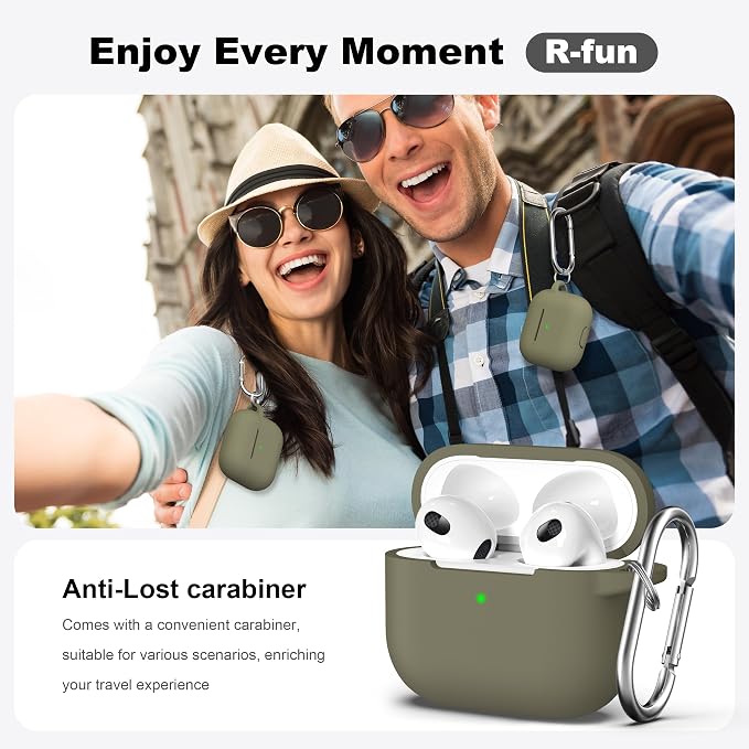 R-fun Compatible with AirPods 3 Case Cover, Silicone Protective Accessories Skin with Keychain Compatible with Apple AirPod 3rd Generation 2021 for Women Men Girls Boys,Front LED Visible,Olive Green