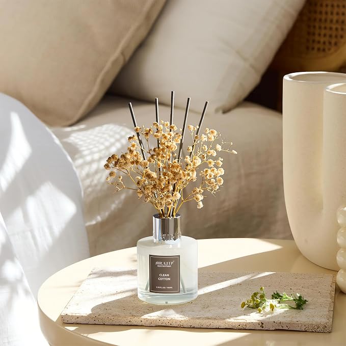 Reed Diffuser Set,3.38 fl oz (100 ml) - Clean Cotton Oil Diffusers with 8 Reed Sticks, Home Fragrance Reed Diffuser for Bathroom Shelf Decor