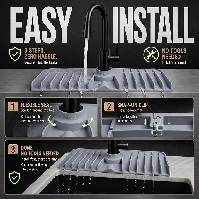 Premium Kitchen Sink Splash Guard – 16" x 5.7" Silicone Faucet Mat with Secure Pressure Clip, True 10° 3D Drainage(No Pooling), Anti-Lift Design, Flexible Leak-Sealing Ring, Non-Slip Fit Behind Faucet