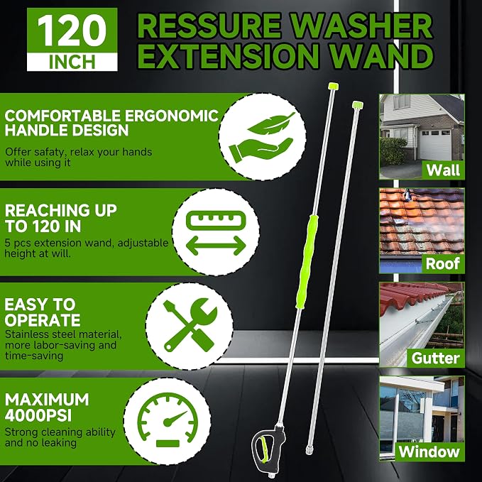 RIDGE WASHER Pressure Washer Extension Wand 120 Inch, Stainless Steel | 30°/90°/120° Curved Rod, Gutter Cleaner Attachment with 5 Nozzles, 4000 PSI