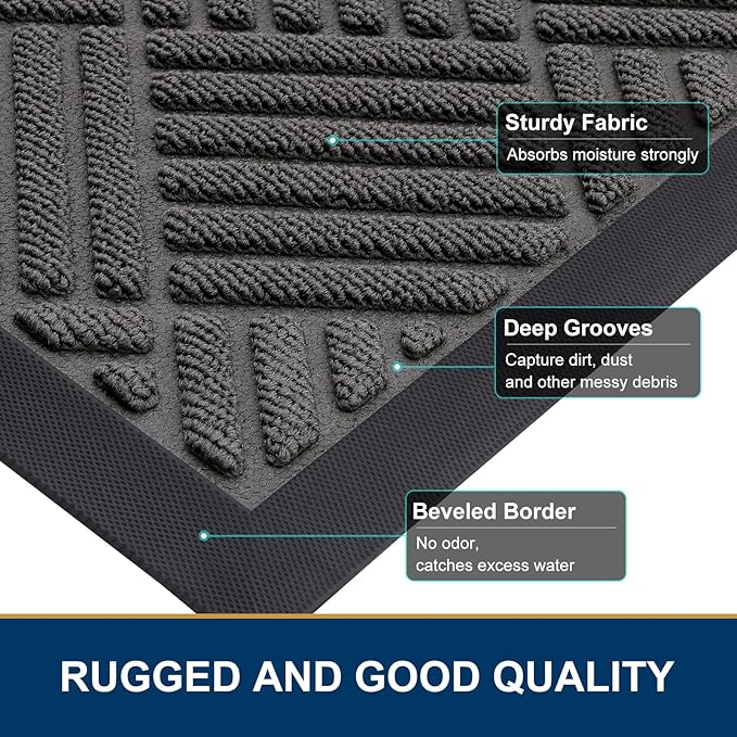Smiry Front Door Mat Outside Entrance, Heavy Duty Outdoor Indoor Natural Rubber Doormat, Non Slip, Trap Dirt and Moisture, Easy Clean, Low Profile Patio Porch Entryway Mat, 29.5x17, Grey