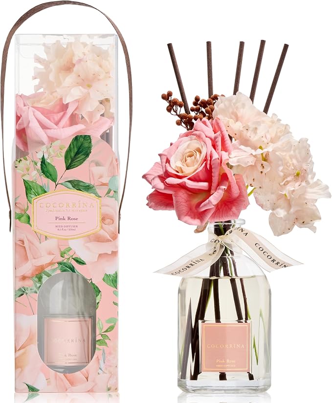 Reed Diffuser - Pink Rose 8.5 Fl.oz Flower Reed Diffuser with Sticks, Bedroom Bathroom Shelf Decor (Floral Basket Collection)