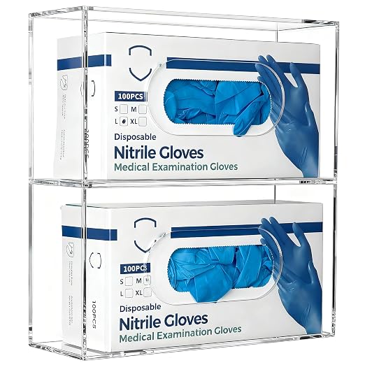 Double Glove Box Holder Wall Mount, Side-Load Acrylic Glove Dispenser - Clear Medical Storage Organizer for Lab, Hospital, Kitchen,- 10 x 3.54 x 10.6 IN - Quick Access & Easy Refill