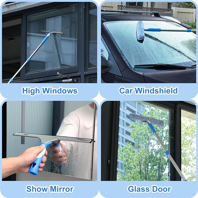 77'' Long Squeegee Window Cleaner Tool for Indoor Outdoor Windows | Professional Window Cleaning Kit with Extension Poles for High Windows Car Windshield Shower Glass Door Solar Panel