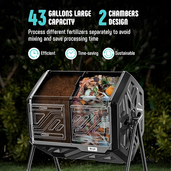 Werph 43 Gal Dual Chamber Compost Bin Tumbler for Backyard Garden, Black | Dual-chamber Design, 360° Rotating Tumbling, BPA-free Materials, Pre-assembled Parts, for Garden, Kitchen & Yard Waste