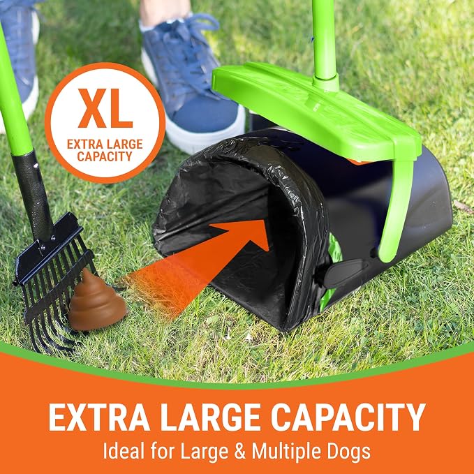Pupzle Dog Pooper Scooper with Bag Attachment, 40" Long Handle | Dog Poop Scoop for Yard, Large Capacity Swivel Bin and Rake Pooper Scooper, Lavender Scented Bags for Large Dogs (Green)